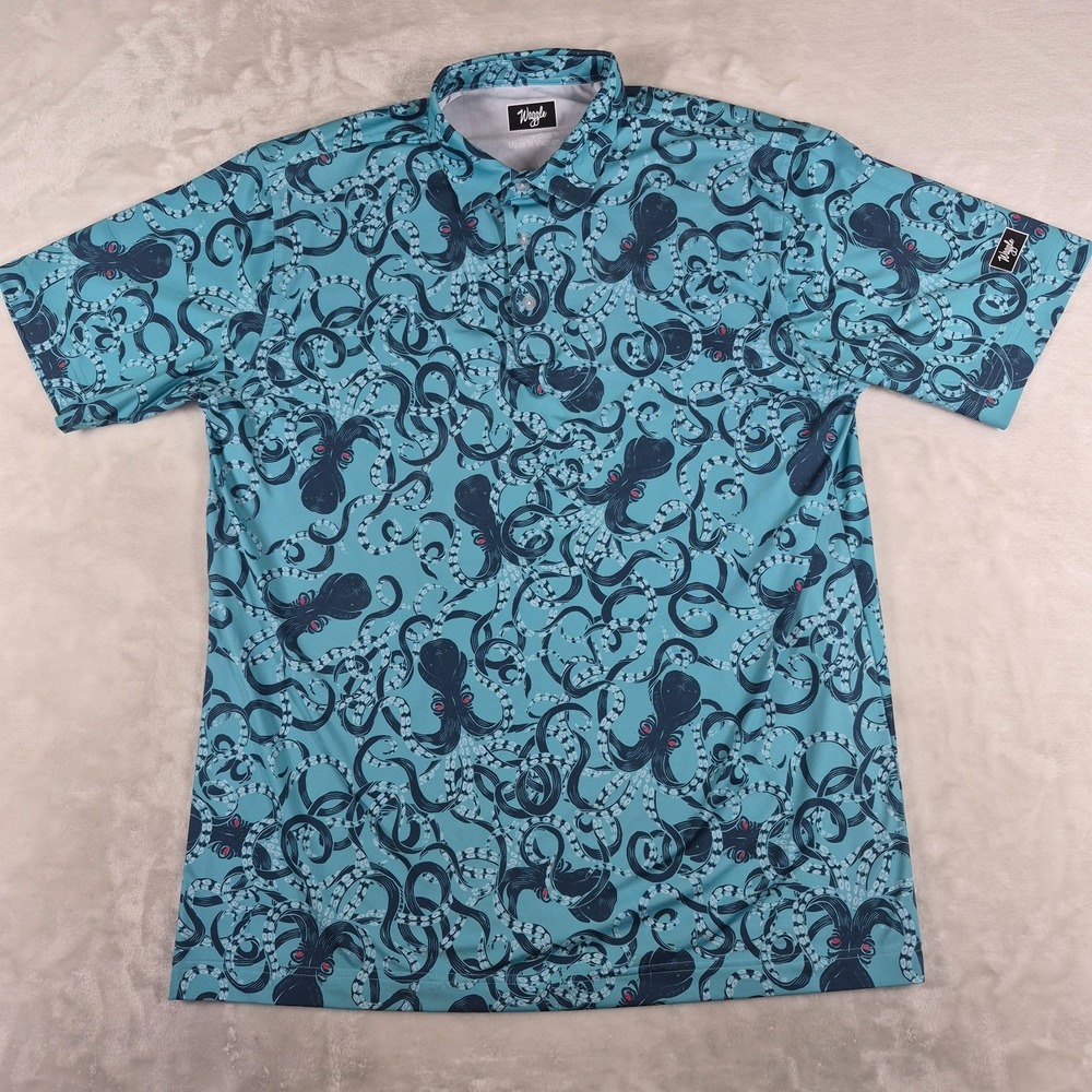 Waggle Polo Shirt Men's XL Blue Performance Stretch Golf Kraken Tentacles Casual